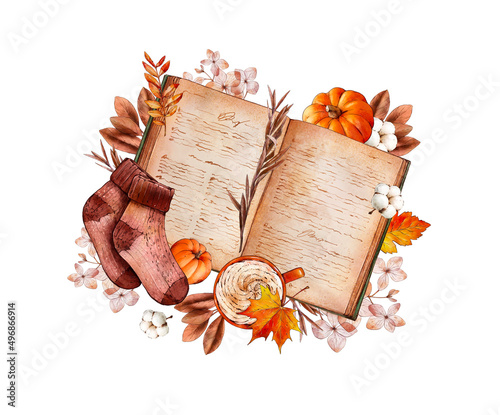 Watercolor trendy cozy autumn illustration: old vintage book, knitted socks, pumpkin, autumn leaves, cotton, hydrangea, mug of cocoa. Hand drawn Hygge watercolor illustration for sticker, invitation