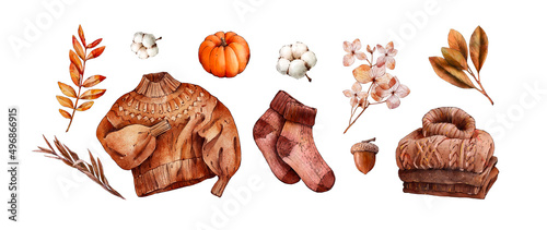Watercolor set of cozy autumn elements: pumpkin, wool sweater, knitted socks, cotton, hydrangea, acorn, dried flowers, autumn leaves. Trendy fashion illustrations. Hand drawn Hygge watercolor 