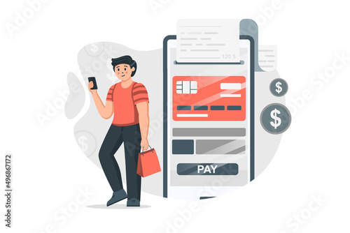 Mobile banking concept in flat design. Man manages his financial account in mobile application, pays bills and purchases using online credit cards. Vector illustration with people scene for web