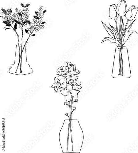 手描き線画の花瓶に入った花のイラスト