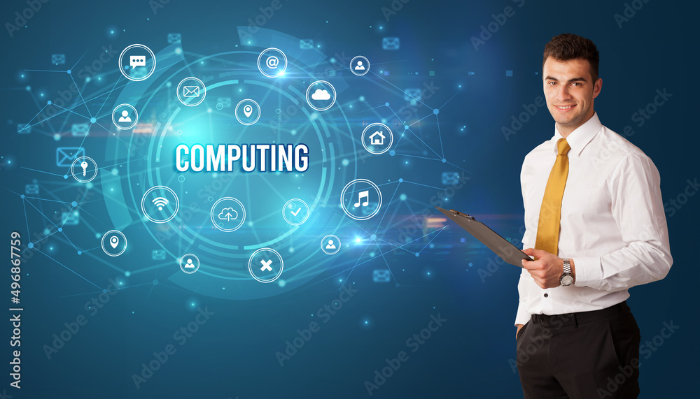 Businessman thinking about modern technology Businessman thinking about modern technology