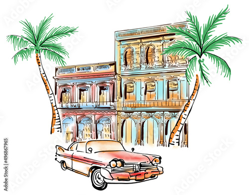 cuban buildings, classic car and palm trees illustration #496867965