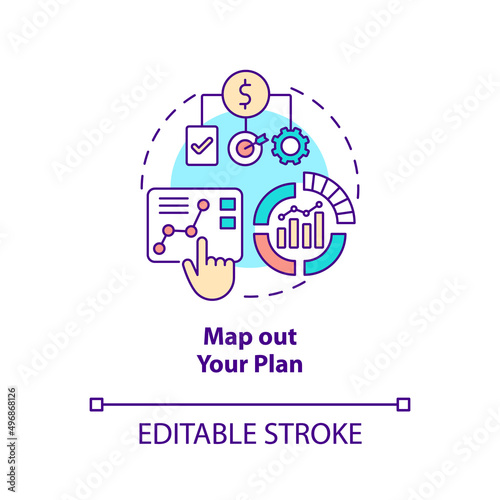 Map out your plan concept icon. Business planning. Step to start virtual office abstract idea thin line illustration. Isolated outline drawing. Editable stroke. Arial, Myriad Pro-Bold fonts used