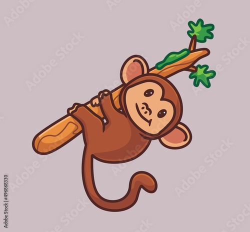 cute monkey hanging on branches tree. isolated cartoon animal nature illustration. Flat Style suitable for Sticker Icon Design Premium Logo vector. Mascot Character