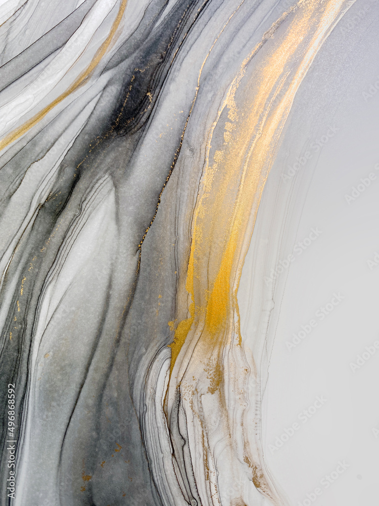 Abstract grey art with gold — black and white background with beautiful smudges and stains made