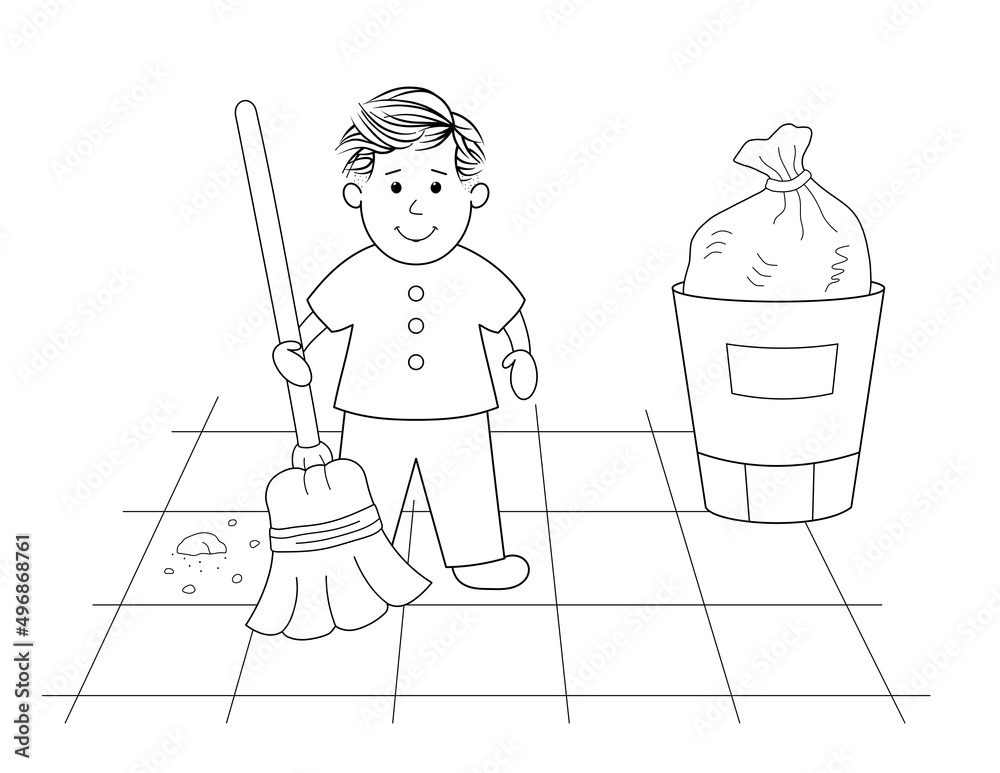 coloring page for kids of a boy sweeping the floor. outline drawing of
