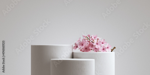 Minimal background. podium and sakura with white background for product presentation. 3d rendering illustration.