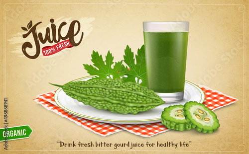 Bittergourd vegetable with round slices and a bitter gourd juice glass- Vector illustration