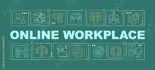 Online workplace word concepts dark green banner. Virtual office advantages. Infographics with icons on color background. Isolated typography. Vector illustration with text. Arial-Black font used
