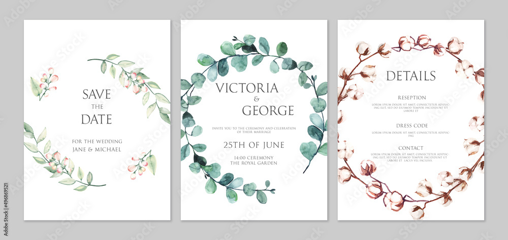 Watercolor hand painted botanical cotton and eucalyptus branches and flowers. Watercolor illustrations isolated on white background, premade wedding invitation, save the date frame template 