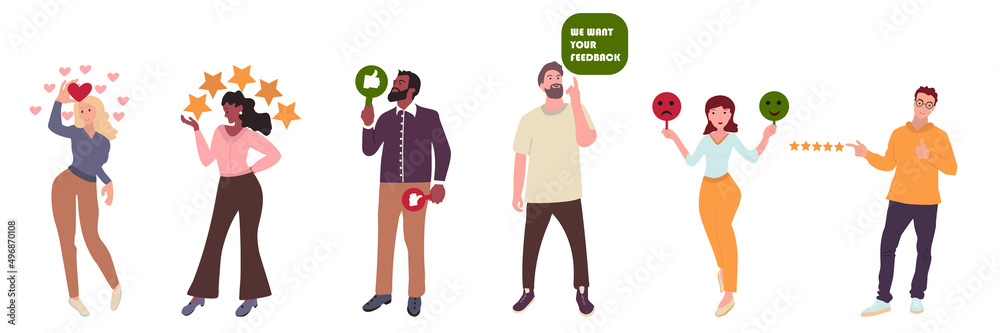 Set of people give review rating and feedback. Men and women holding in hands positive, negative and approve signs, rating Icons. Customer choice. Hand drawn colored vector flat illustration Set of people give review rating and feedback. Men and women holding in hands positive, negative and approve signs, rating Icons. Customer choice. Hand drawn colored vector flat illustration