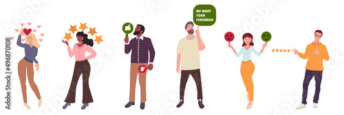 Set of people give review rating and feedback. Men and women holding in hands  positive, negative and approve signs, rating Icons. Customer choice. Hand drawn colored vector flat illustration