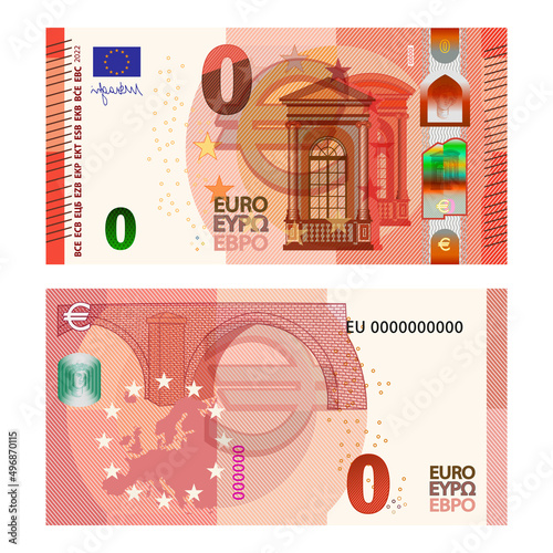 Obverse and reverse of a fictitious banknote with a denomination of zero euros in the style of European Union paper money