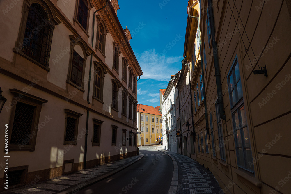 Walking on the beautiful streets of the old city of Prague in Czech Republic during a beautiful sunny summer day.