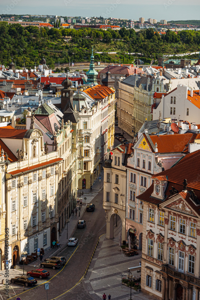 Visit Prague. Top sky view over the most beautiful landmark places from the capital city of Czech Republic, an amazing travel destination in Europe.