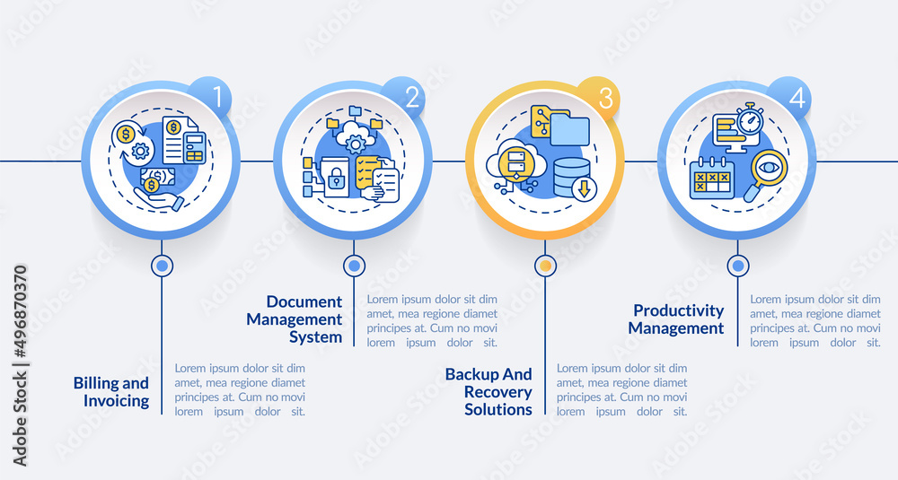 Tools for online workplace circle infographic template. System build. Data visualization with 4 steps. Process timeline info chart. Workflow layout with line icons. Lato-Bold, Regular fonts used