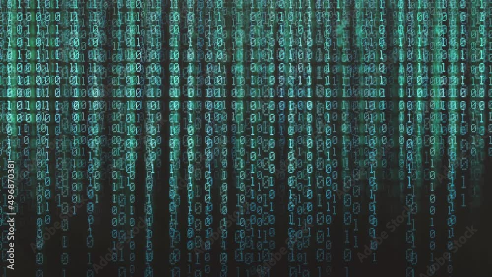 moving animated blue and green matrix binary code against black background