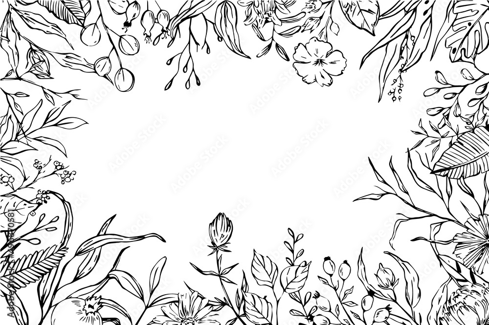 Fototapeta premium sketchy floral foliage branches frame, invitation greeting card template, vector illustration