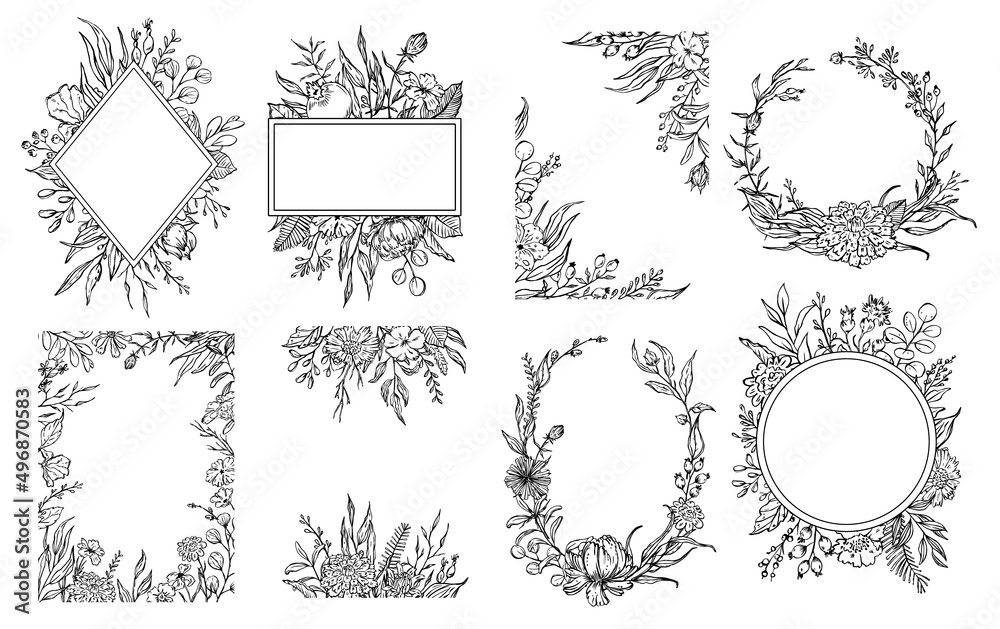 sketchy floral foliage branches frames and borders, invitation greeting card templates, vector illustration sketchy floral foliage branches frames and borders, invitation greeting card templates, vector illustration