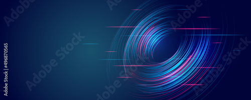 Futuristic red and blue stripes in the form of a ring. Modern high-tech background for presentations and websites. Abstract background with glowing dynamic lines.
