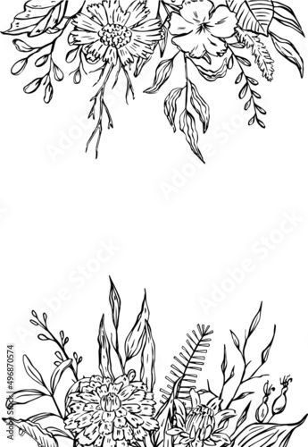 sketchy floral foliage branches frame, invitation greeting card template, vector illustration