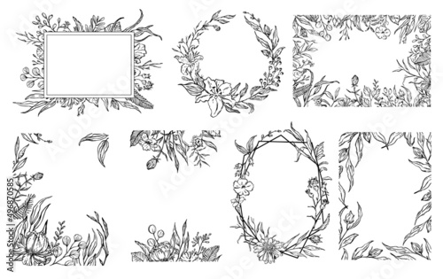 sketchy floral foliage branches frames and borders, invitation greeting card templates, vector illustration