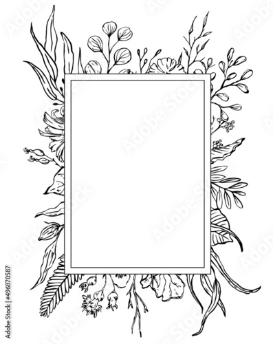 sketchy floral foliage branches frame, invitation greeting card template, vector illustration