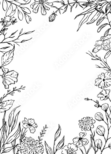 sketchy floral foliage branches frame, invitation greeting card template, vector illustration