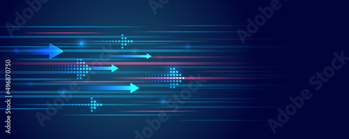 Modern high-tech background for presentations and websites. Abstract background with glowing dynamic lines. Futuristic red-blue stripes with arrows.