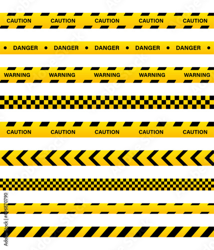 Yellow caution and danger ribbons and line tapes with black stripes for police, safety on construction, barrier. Vector. Attention, crime zone signs, banner. Security border and area