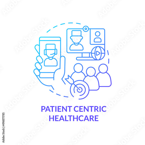 Patient centric healthcare blue gradient concept icon. Healthcare challenge abstract idea thin line illustration. Medical assistance. Isolated outline drawing. Myriad Pro-Bold font used