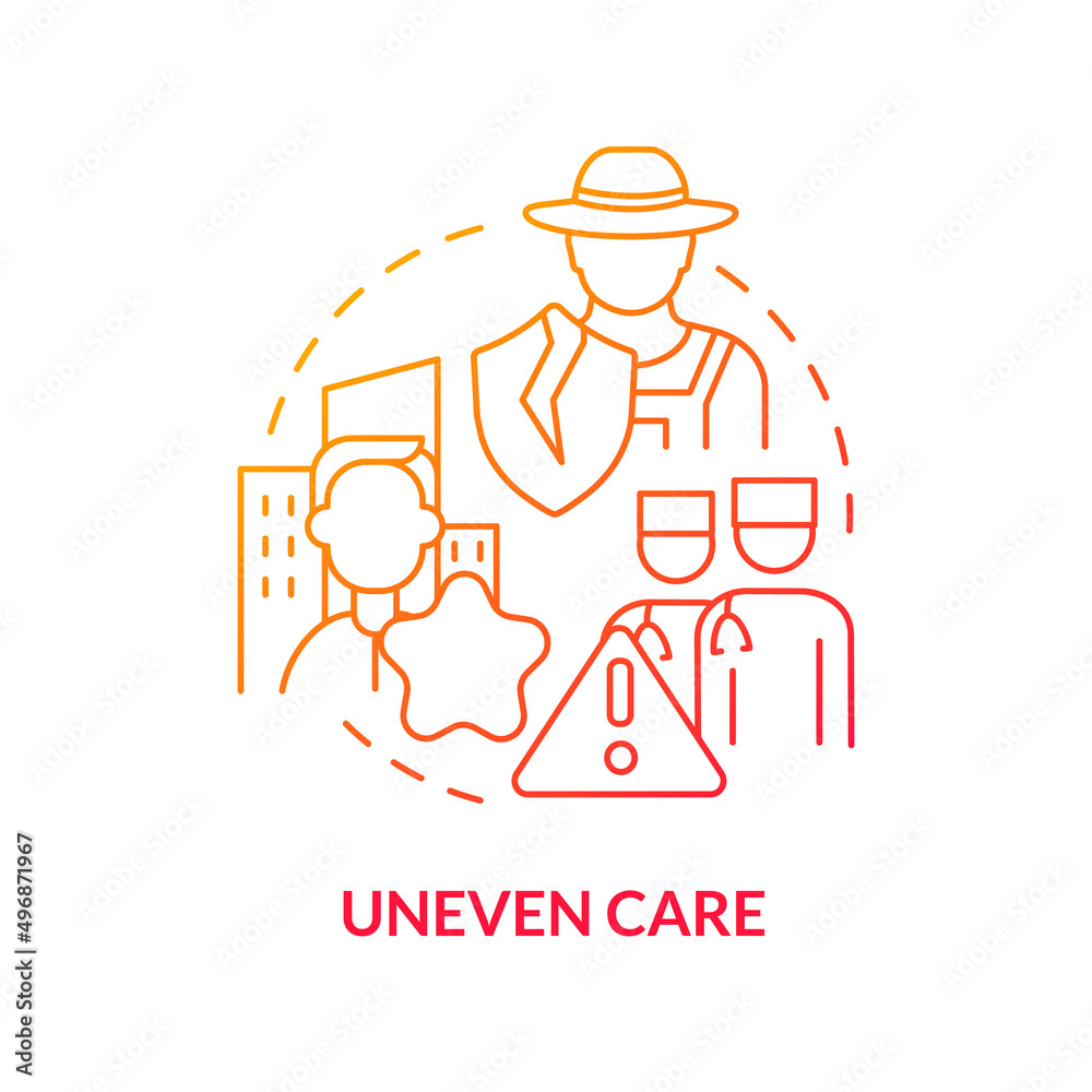Uneven care red gradient concept icon. Lack of access to primary care factor abstract idea thin line illustration. Unequal treatment. Isolated outline drawing. Myriad Pro-Bold font used Uneven care red gradient concept icon. Lack of access to primary care factor abstract idea thin line illustration. Unequal treatment. Isolated outline drawing. Myriad Pro-Bold font used