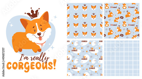 Corgi collection - seamless patterns and isolated illustration. Vector set with cute welsh corgi puppies. Funny and adorable dog character for cards, t-shirt prints, kids textiles or poster design.