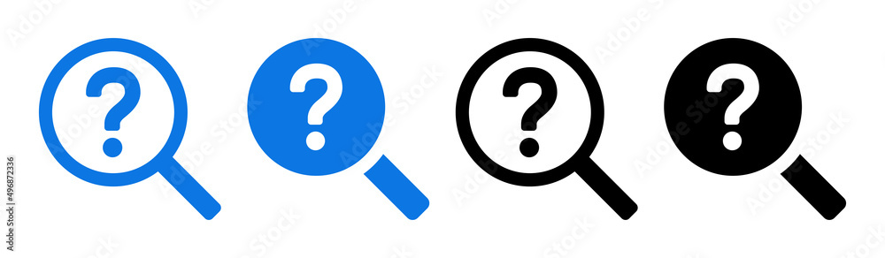 Magnifying glass and question mark icon set. Investigation symbol. Search icon vector illustration. Magnifying glass and question mark icon set. Investigation symbol. Search icon vector illustration.