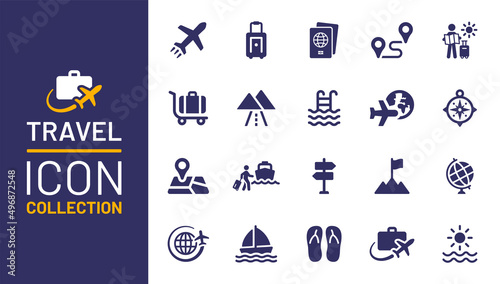 Travel icon collection. Containing plane, luggage, passport, destination, beach icon. Vector illustration