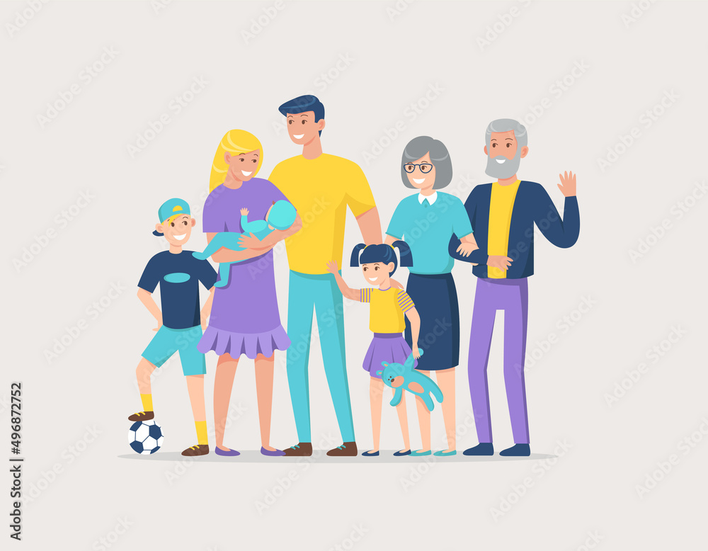 Fototapeta premium Happy big family. Father, mother, grandfather, grandmother, children. Vector flat illustration