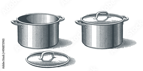 Metal pots with top. Hand drawn engraving style vector illustration.