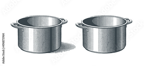 Metal pots. Hand drawn engraving style vector illustration.