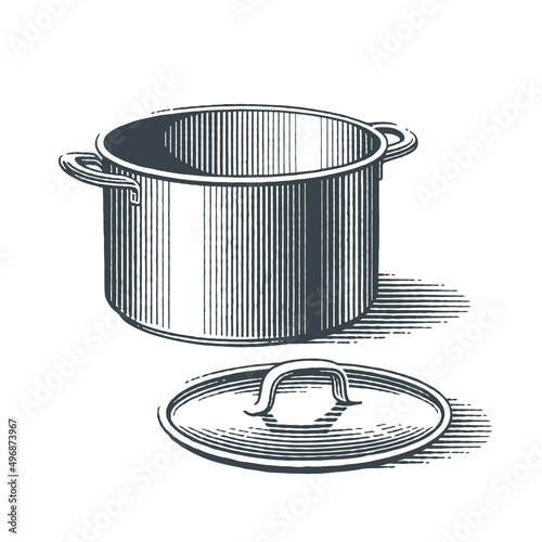 Metal saucepan with lid. Hand drawn engraving style vector illustration.
