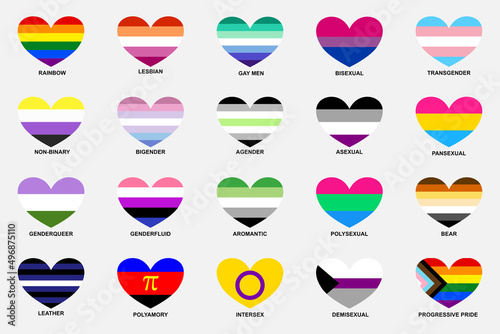 Obraz na płótnie LGBT sexual identity pride heart shaped flags collection. Rainbow lesbian gay bisexual transgender non binary w salonie