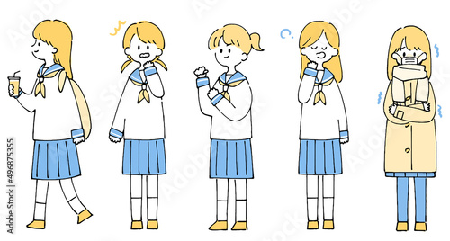 人物イラストセット_女子高生_ツートンカラー