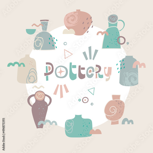 Collection of ceramic vases in a white circle on a beige background. Illustration for wrapping paper, postcards, advertising, packaging.