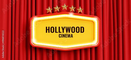 3d render of theater sign on red curtain