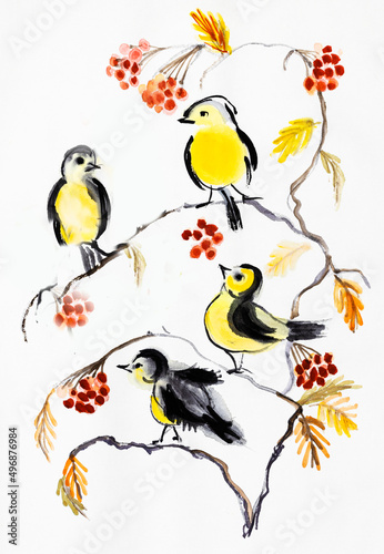 yellow-breasted tits on rowan