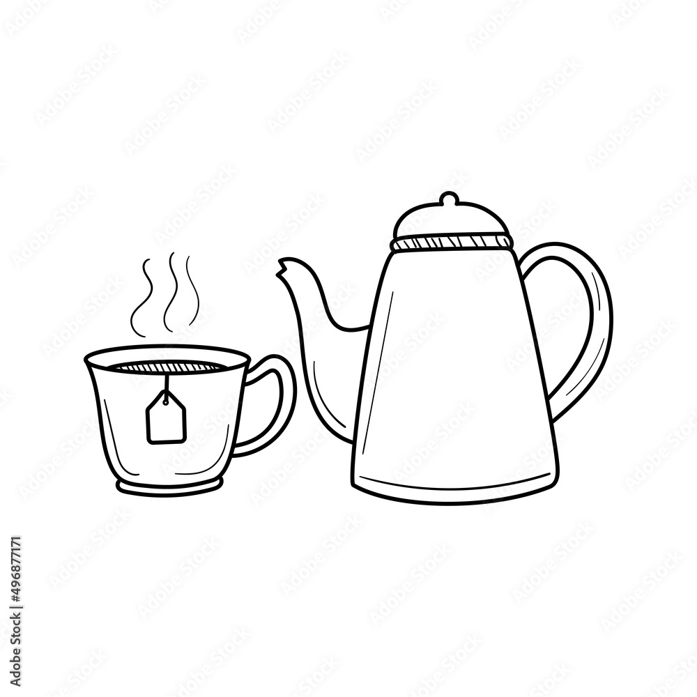 Obraz premium Teapot and cup vector illustration in hand-drawn style isolated on white background