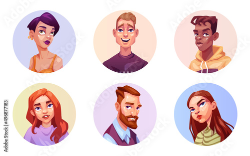 Set of avatars-portraits people of different races and ages. Male and female faces in a round frame. Vector illustration in cartoon style.