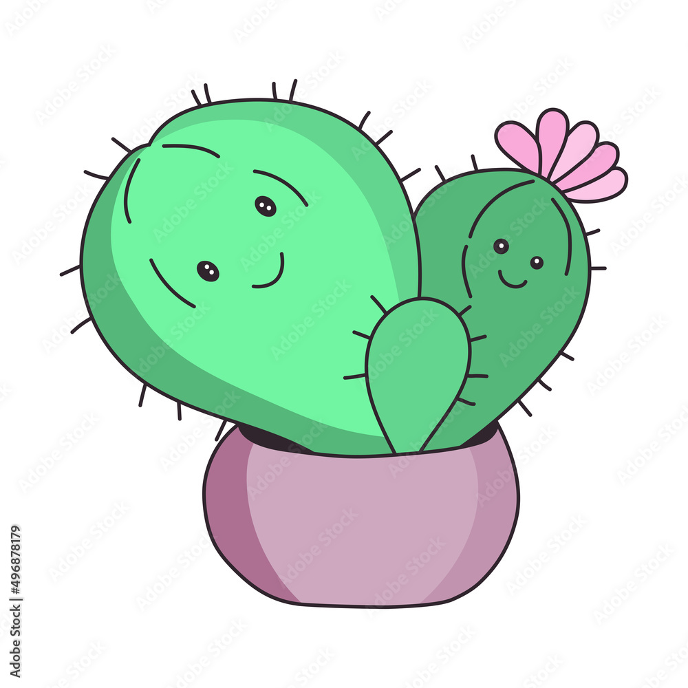 Naklejka premium Cute cactus characters in a flower pot. Vector illustration.
