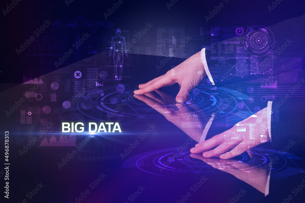 Businessman touching huge display concept Businessman touching huge display concept