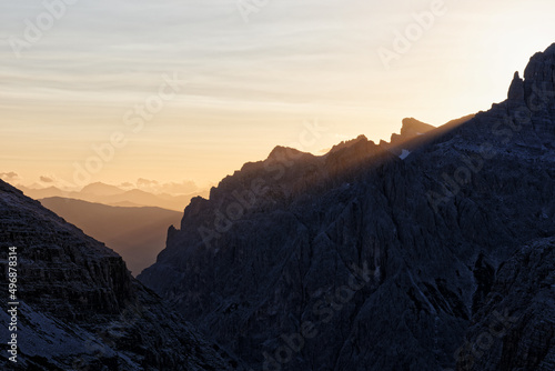 Silhouette of the peaks of the Sexten Dolomites in the first morning light, mountains in summer in South Tyrol, Alps, Alto Adige, Italy, Europe