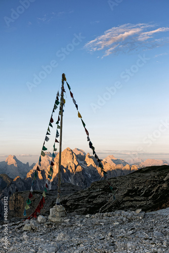 Peaks of the Cadini Dolomites in the first morning light, mountains in summer, Alps, Italy, Europe